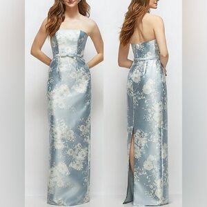 NEW ALFRED SUNG ELLEN D880FP FLORAL STRAPLESS SATIN COLUMN DRESS BLUE sz 10